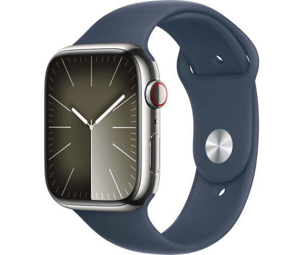 Apple Watch Series 9 45mm (GPS+Cellular) Silver Stainless Steel Case with Storm Blue Sport Band (S/M) (MRPG3)