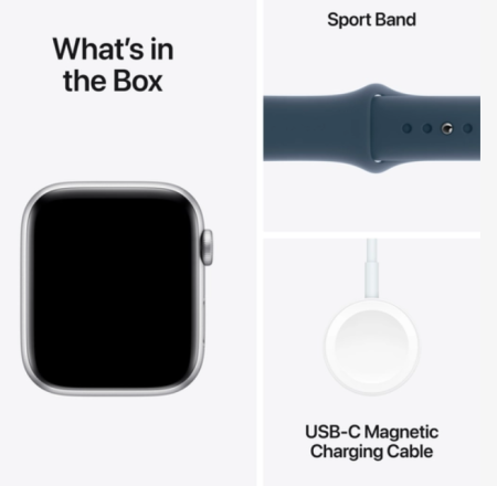 Apple Watch SE Gen 2 44mm (GPS) Silver Aluminum Case with Storm Blue Sport Band (M/L) (MREE3)