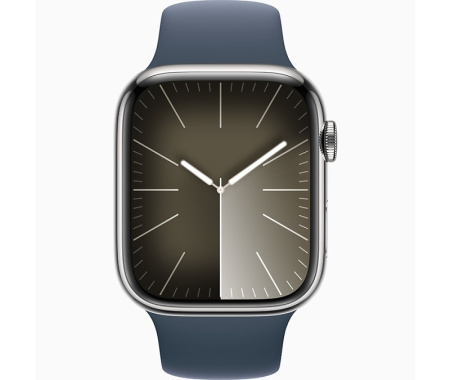 Apple Watch Series 9 45mm (GPS+Cellular) Silver Stainless Steel Case with Storm Blue Sport Band (S/M) (MRPG3)