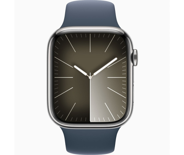 Apple Watch Series 9 45mm (GPS+Cellular) Silver Stainless Steel Case with Storm Blue Sport Band (S/M) (MRPG3)